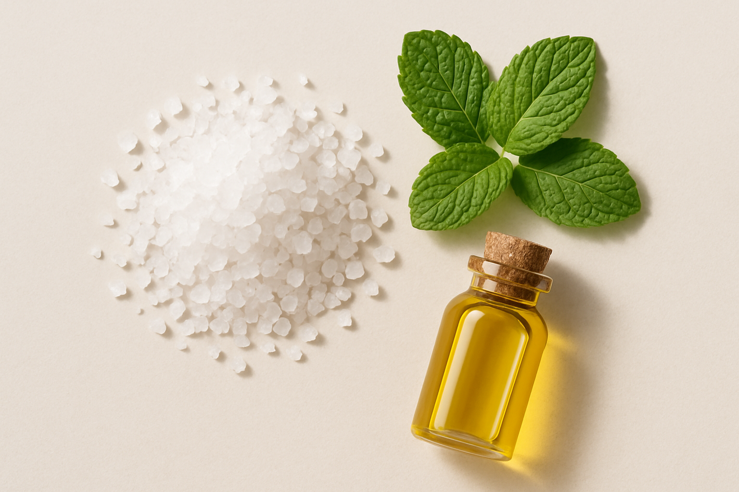 Simple photo of salt, mint leaves, and oil