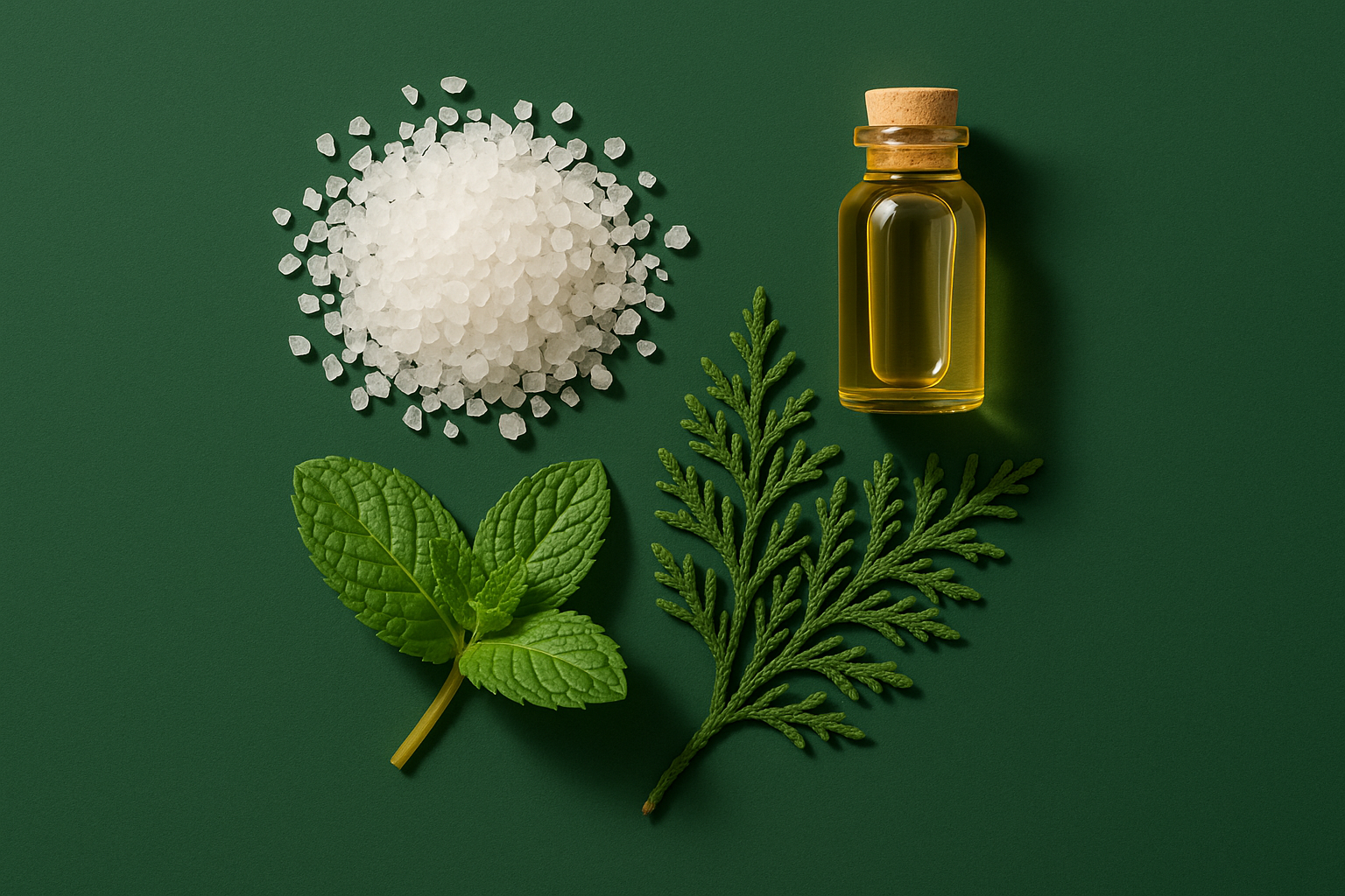 Simple photo of salt, mint leaves, cedar leaves, and oil on forest green background