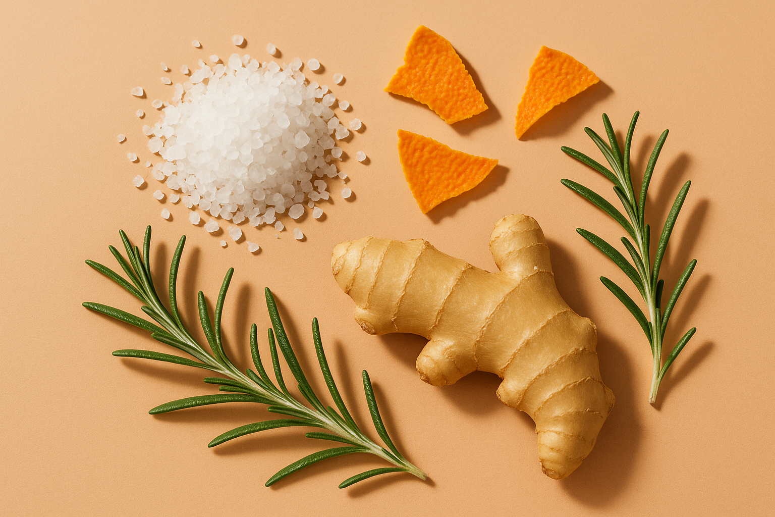 Simple photo of salt, orange peel, ginger, and rosemary on peach background